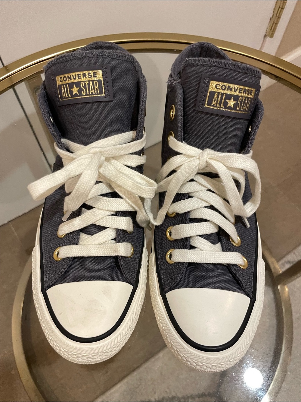 Converse All Star Canvas High Top Navy Sneakers with White Laces, Womens 7